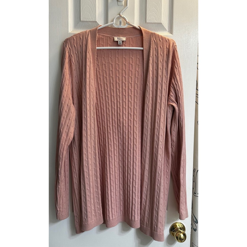 Kim Rogers Women Petite Large Pink Cable Knit Cotton Open Front Cardigan Sweater